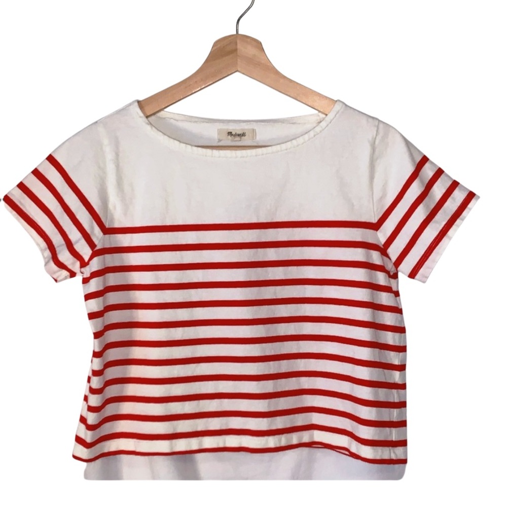 EUC Madewell red and white cropped boxy striped tee